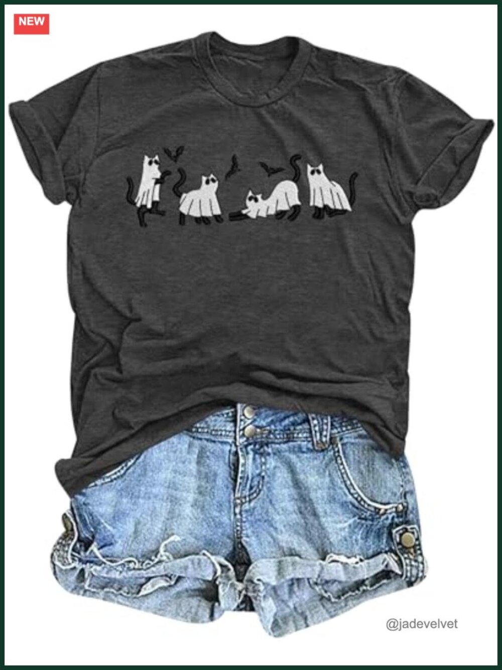 Embroidered Ghost Cat T-Shirt Halloween Short Sleeve Crew Neck Polyester